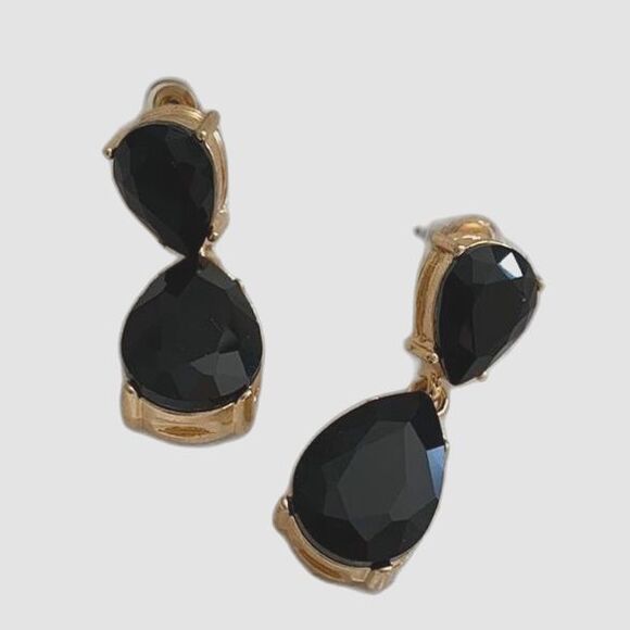 NEW Onyx Tiered Drop Earrings Teardrop Black Gold Costume Classic Elegant Retro - Picture 2 of 4